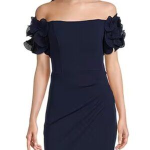 XscapeRosette Off-the-Shoulder Short Sleeve Ruffle Ruched Waist Gown